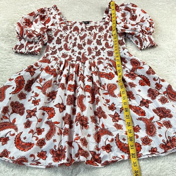 Everlily paisley patterned white and red puffed sleeve smocked milkmaid dress, L - Picture 4 of 9